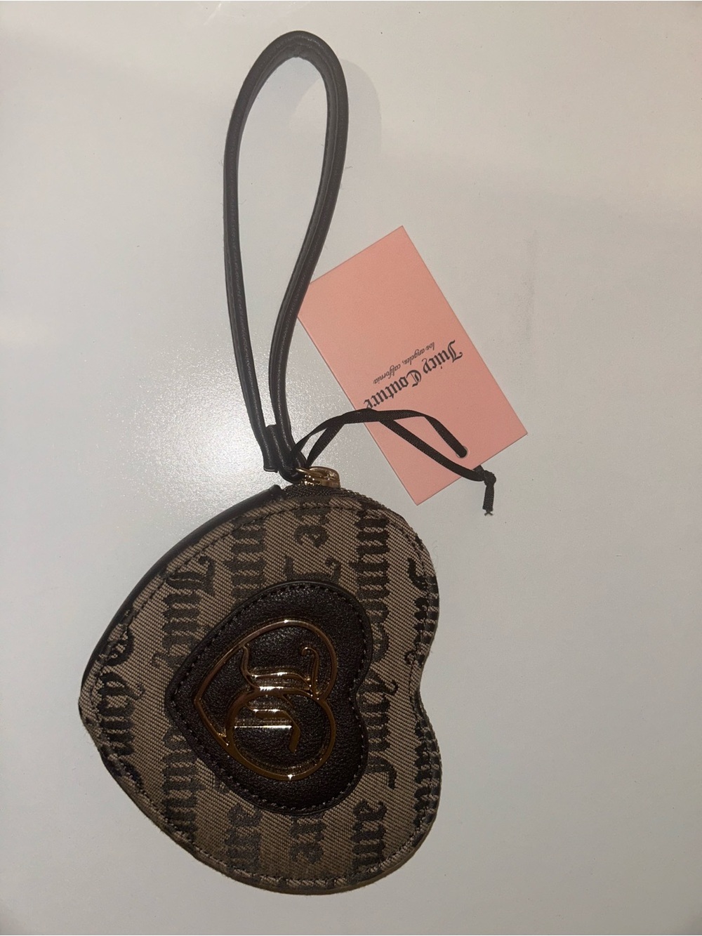 Juicy Couture Brown Heart Wristlet Coin Pouch with Logo Accent